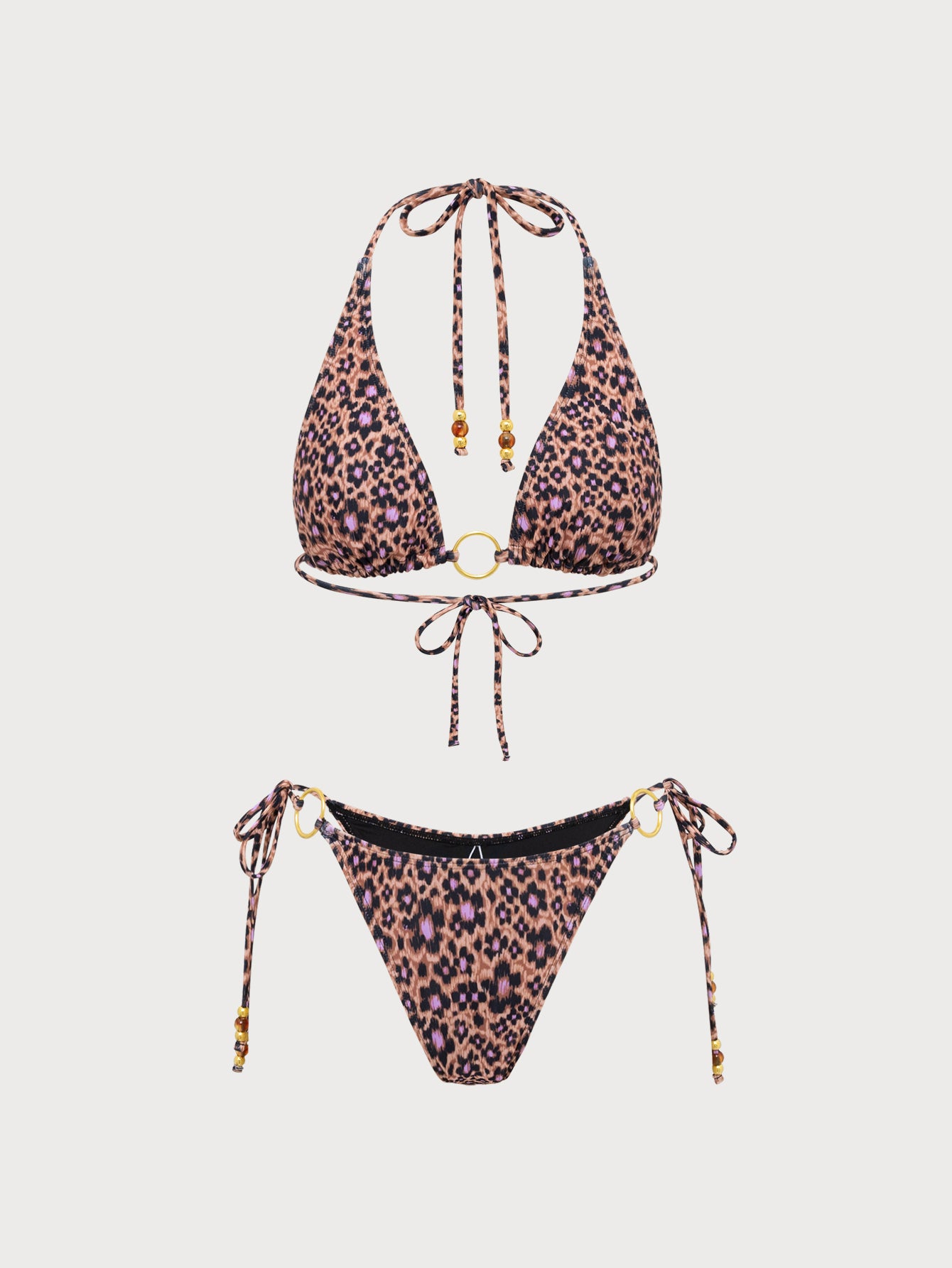 Women'S Polyester Knitted Printed Beaded Bikini Set Brown Bikinis - SAMIOLSWIM