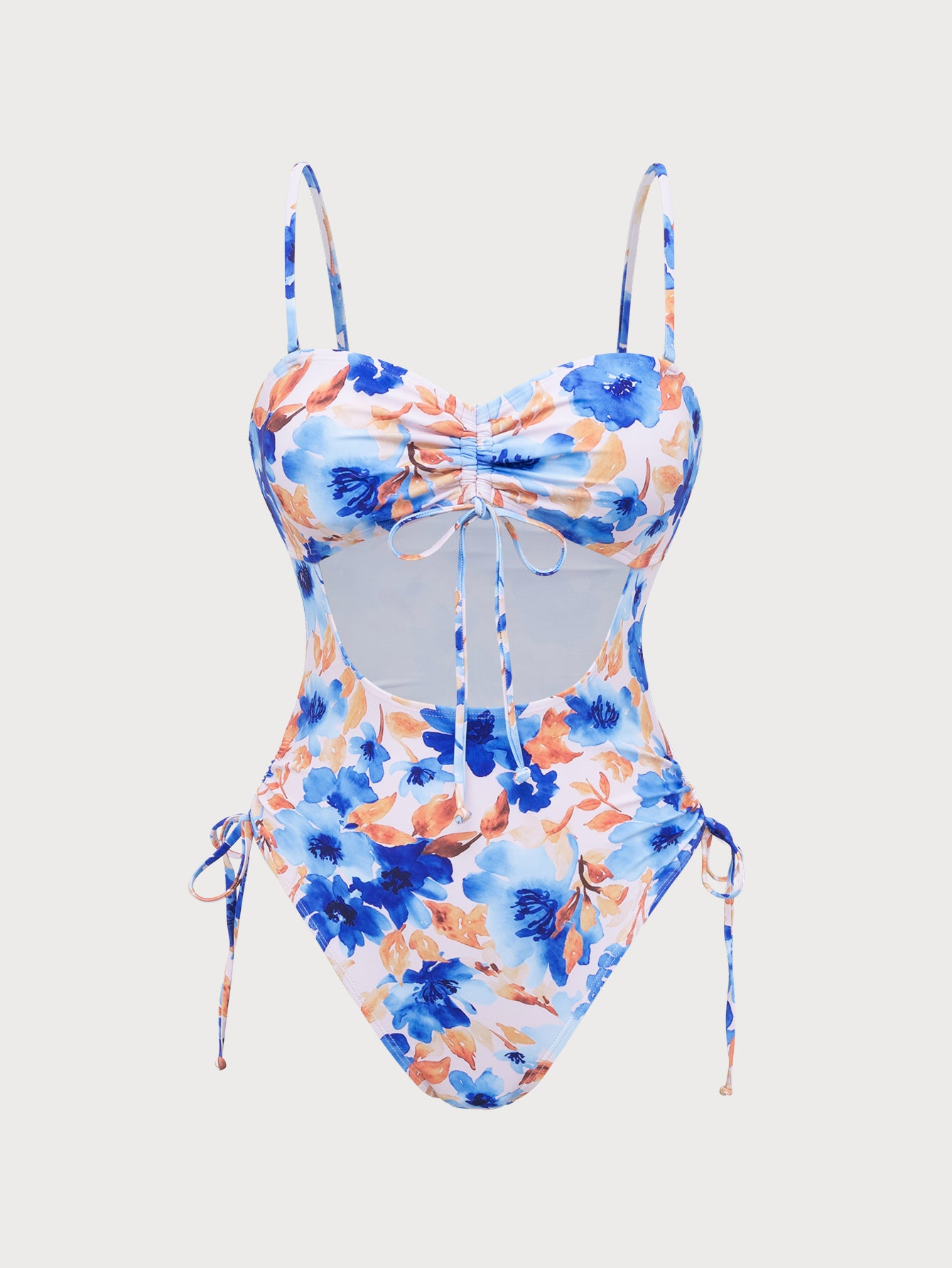 Women'S Polyester Knitted Printed Cutout Wrinkled One-Piece Swimsuit Blue One-Pieces - SAMIOLSWIM