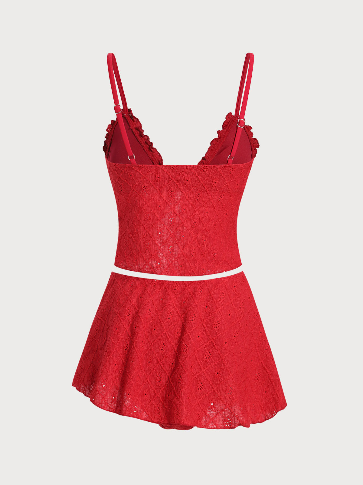 Women'S Polyester Knitted Ruffle Front Tie Tankini Three-Piece Swimsuit Tankinis - SAMIOLSWIM