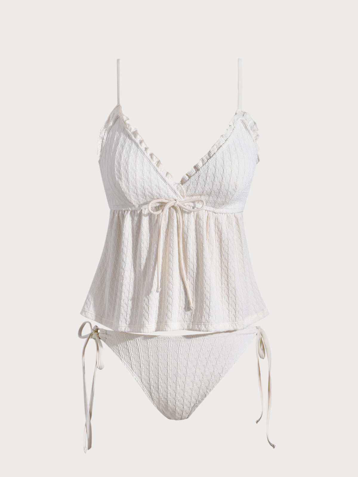 Women'S Polyester Knitted Ruffle Skirt Tankini Swimsuit Off White Tankinis - SAMIOLSWIM