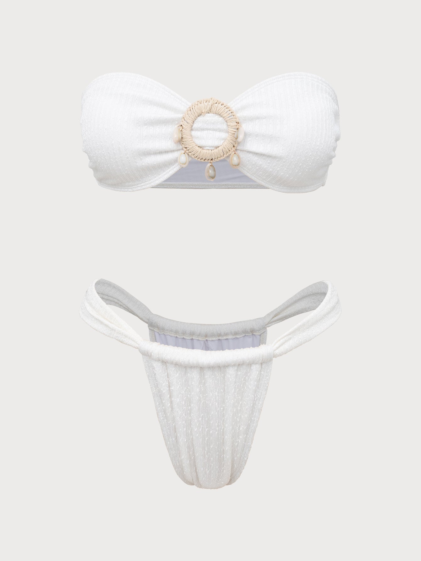 Women'S Polyester Knitted Shell Decorated Ring Bandeau Bikini Set Off White Bikinis - SAMIOLSWIM