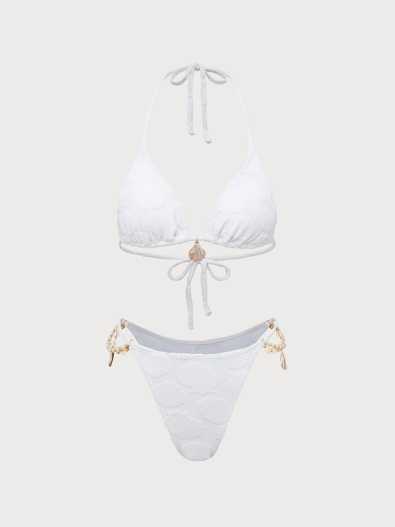 Women'S Polyester Knitted Shell Trim Bikini Set White Bikinis - SAMIOLSWIM