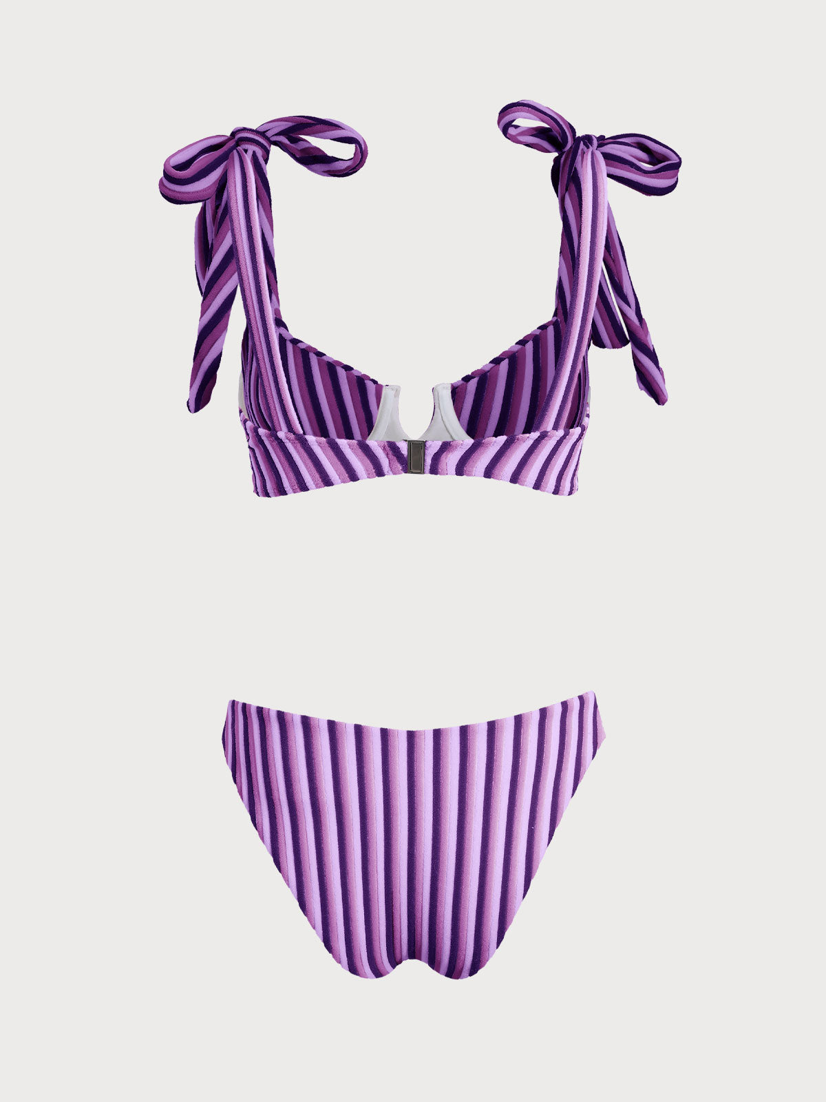 Women'S Polyester Knitted Striped Bow V-Shaped Bikini Set Bikinis - SAMIOLSWIM