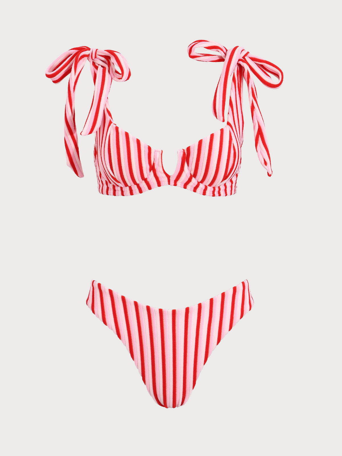 Women'S Polyester Knitted Striped Bow V-Shaped Bikini Set Pink Bikinis - SAMIOLSWIM