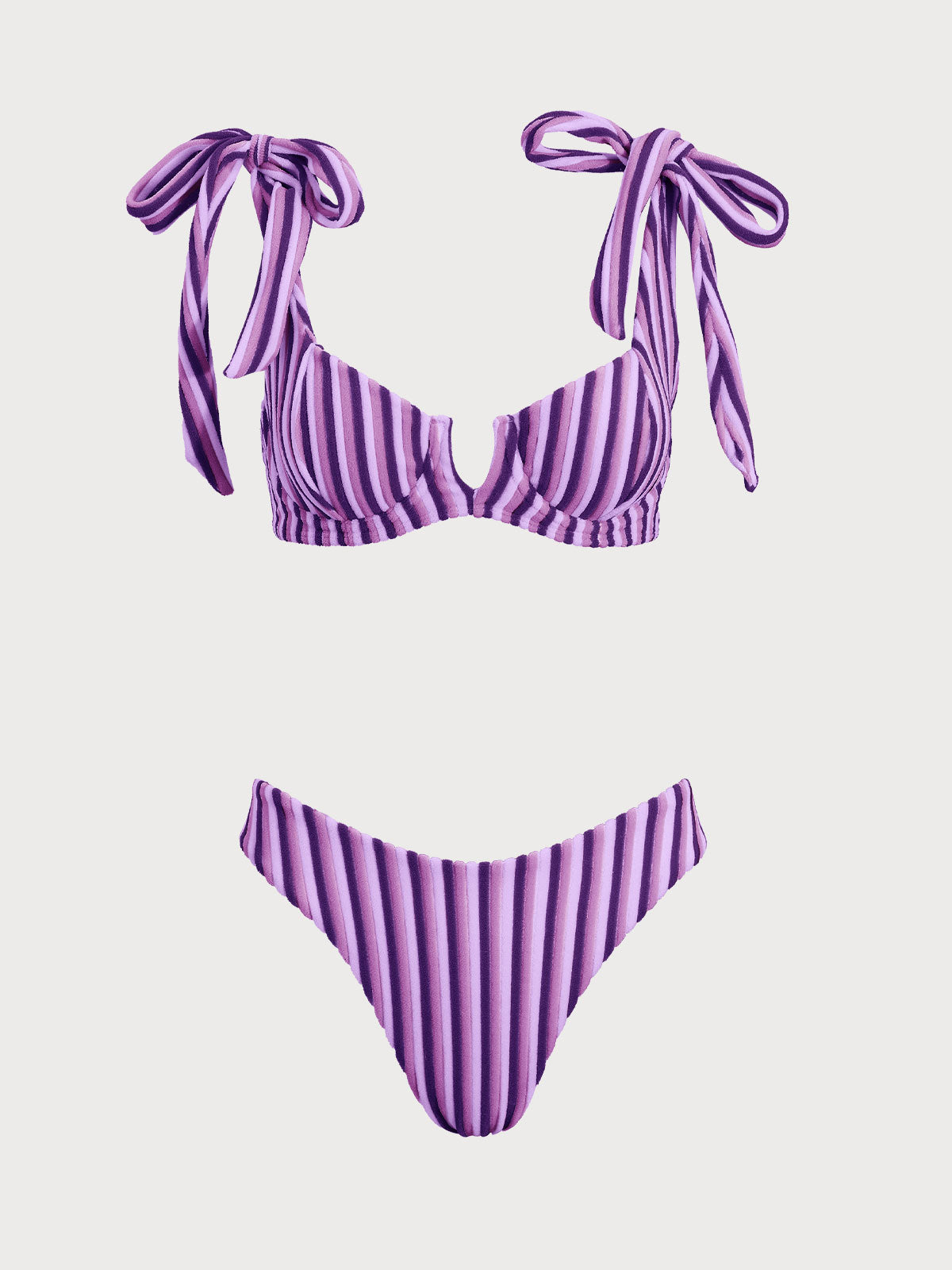 Women'S Polyester Knitted Striped Bow V-Shaped Bikini Set Purple Bikinis - SAMIOLSWIM