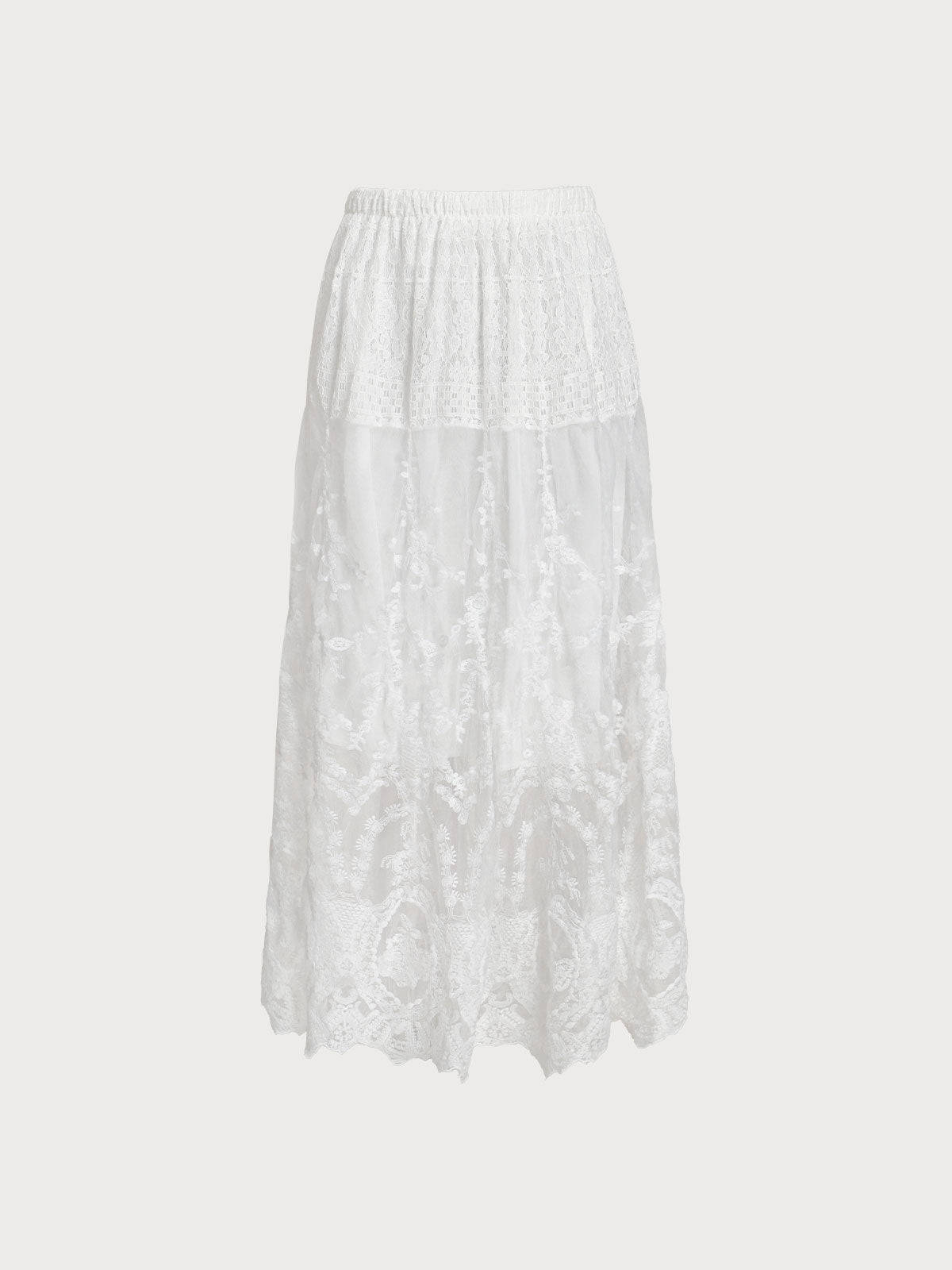 Women'S Polyester Knitted Tulle Embroidered Long Skirt White Bottoms - SAMIOLSWIM