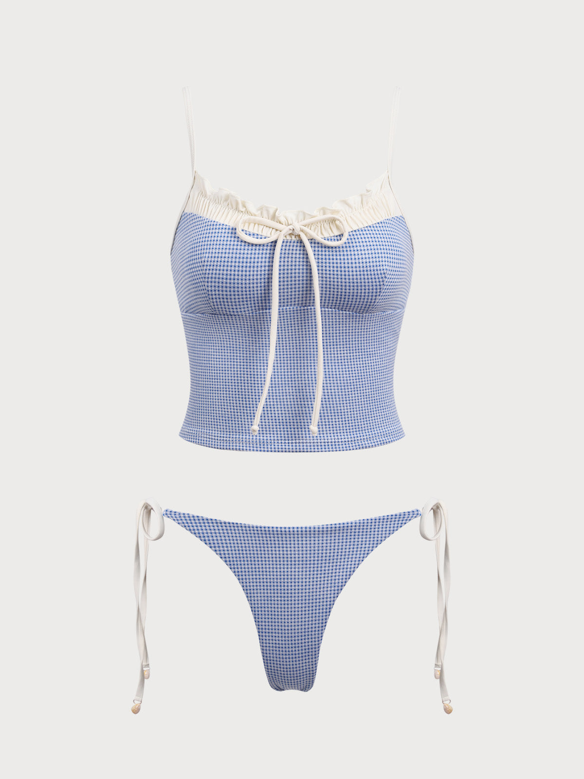 Women'S Polyester Knitted Vintage Plaid Contrast Tankini Swimsuit Blue Tankinis - SAMIOLSWIM