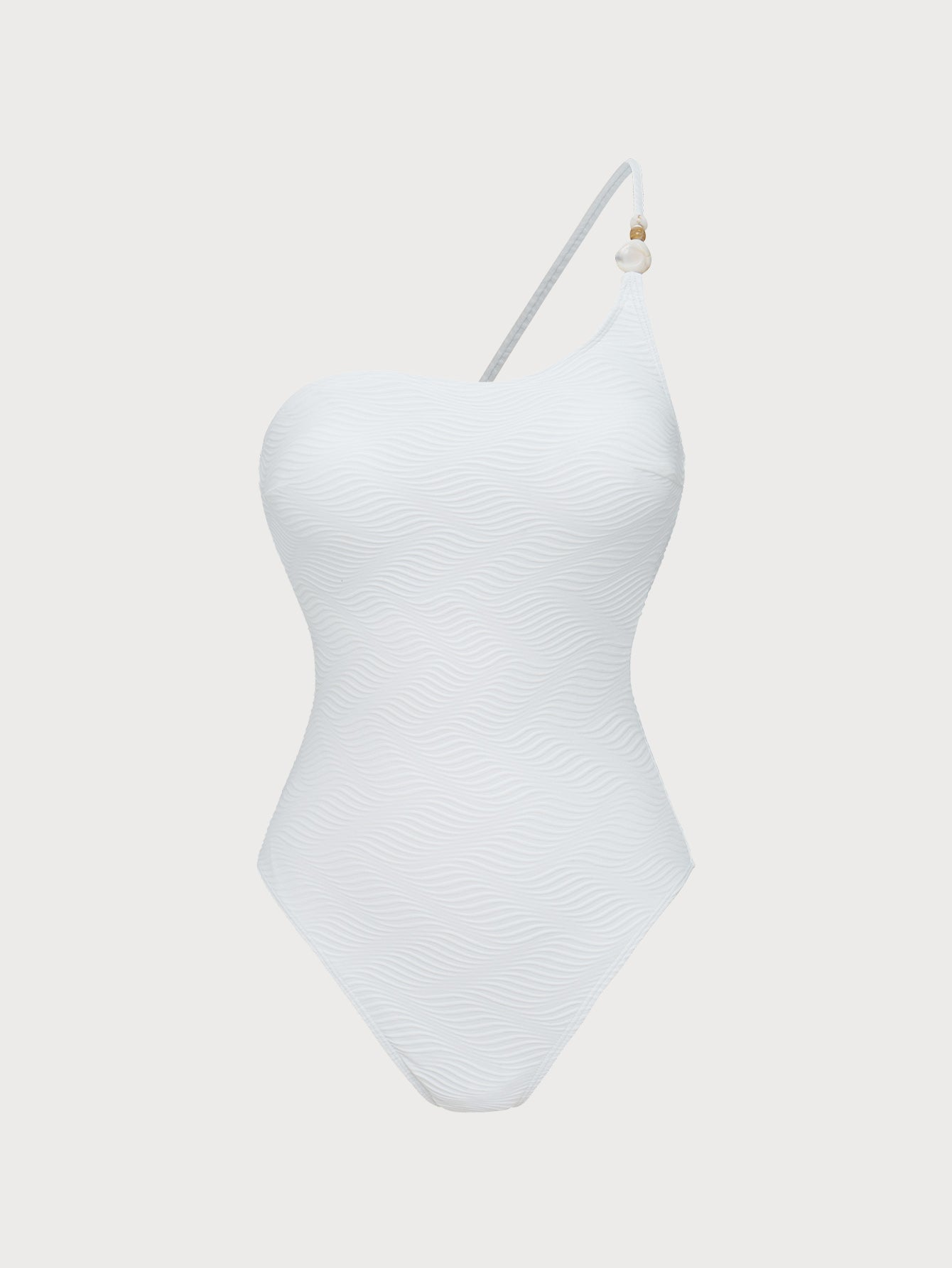 Women'S Polyester Knitted Wave Textured One-Strap Swimsuit White One-Pieces - SAMIOLSWIM
