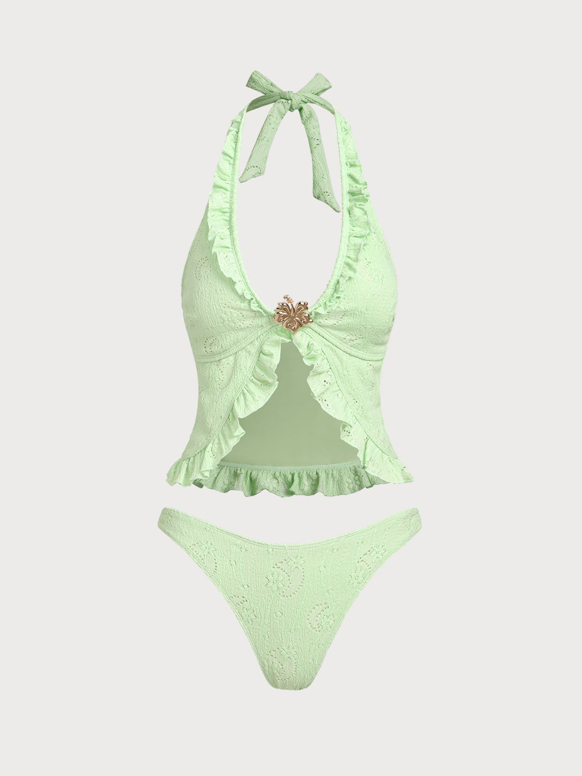 Women'S Polyester Woven Flower Decoration Deep V Tankini Set Light Green Tankinis - SAMIOLSWIM
