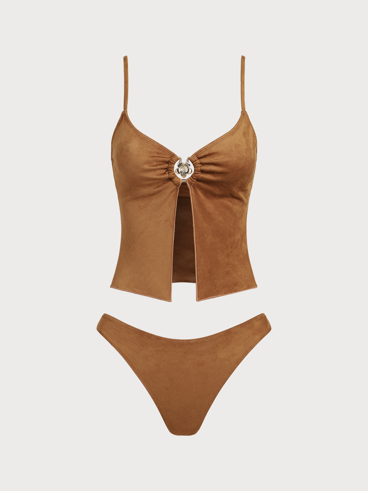 Women'S Polyester Woven Suede Denim Tankini Set Brown Tankinis - SAMIOLSWIM