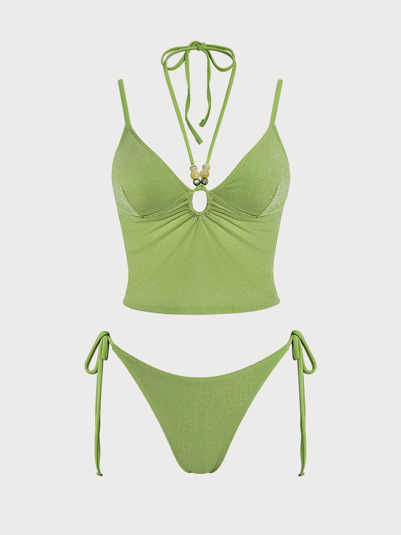 Women's Knitted Nylon Silver Thread Tankini Set Green Tankinis - SAMIOLSWIM