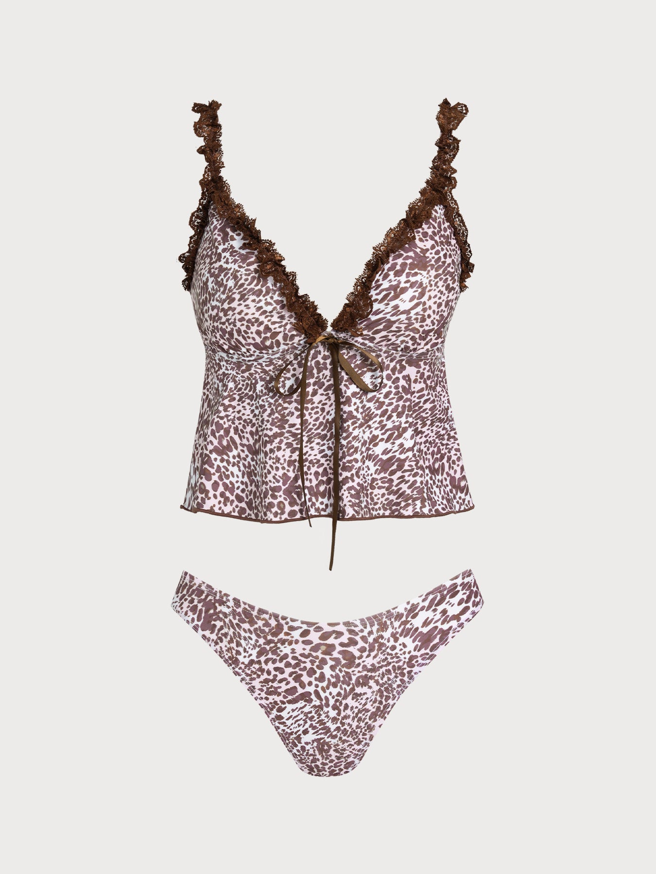 Women's Knitted Polyester Leopard Print Tankini Suit Coffee Tankinis - SAMIOLSWIM