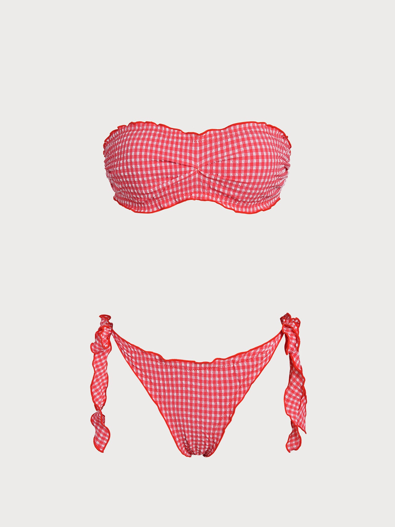 Women's Knitted Polyester Plaid Print Bikini Set Red Bikinis - SAMIOLSWIM