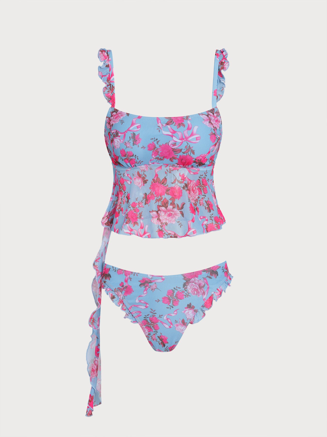 Women's Knitted Polyester Printed Tankini Suit Blue Tankinis - SAMIOLSWIM