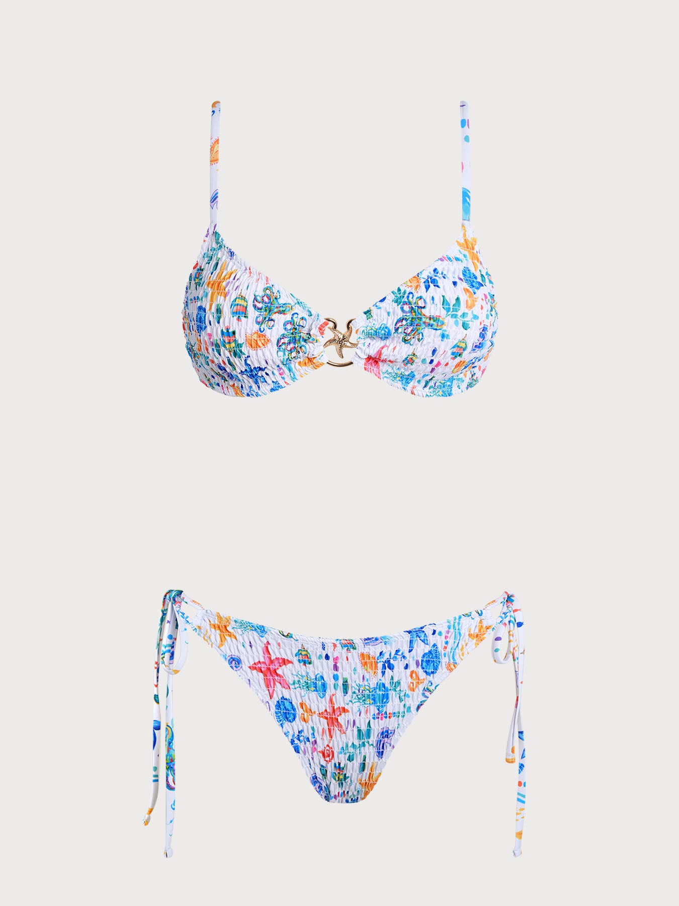 Women's Knitted Polyester Starfish Print Bikini Set White Bikinis - SAMIOLSWIM