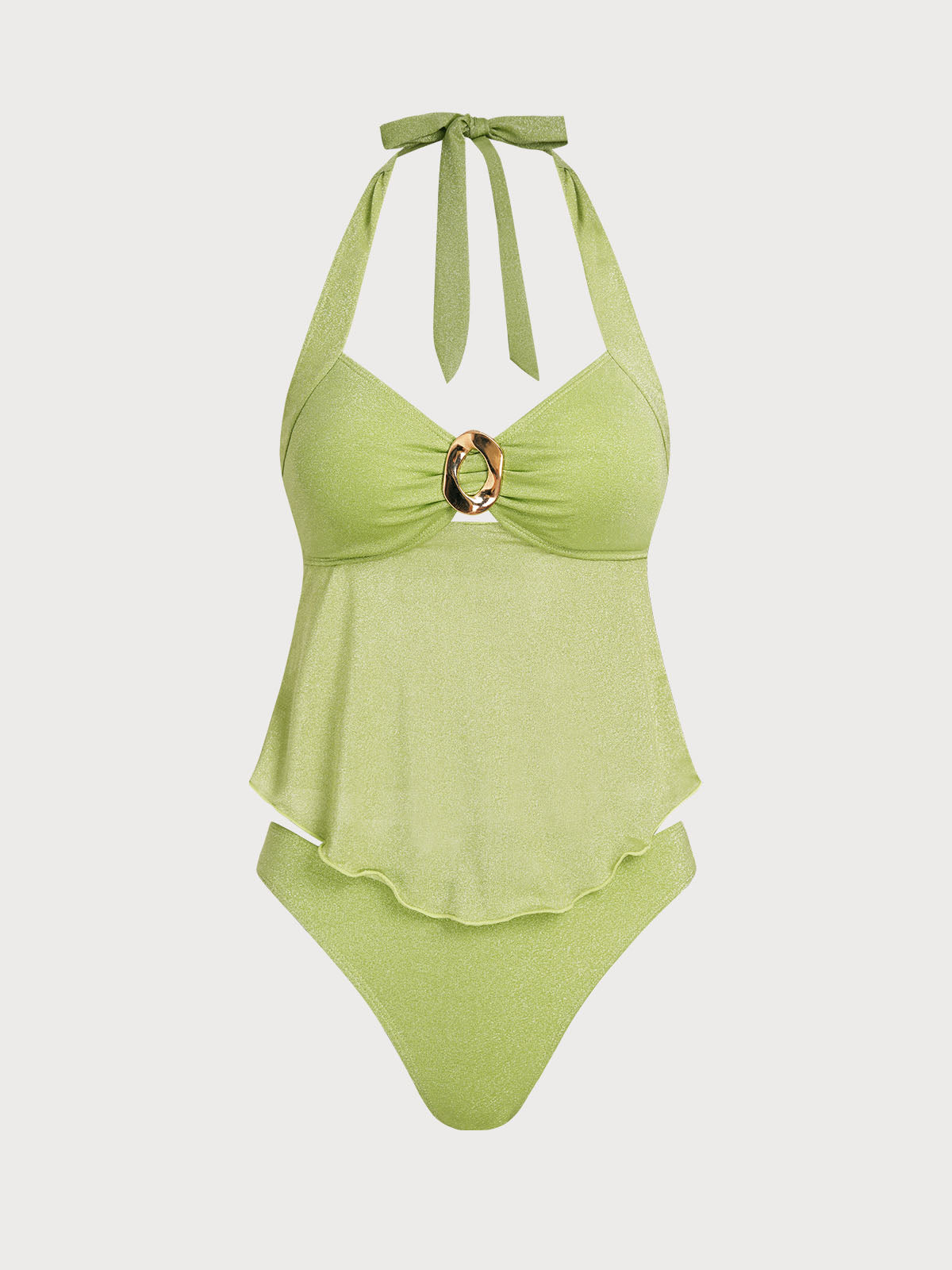 Women's Nylon Knitted Shining Metallic Tankini Set Light Green Tankinis - SAMIOLSWIM