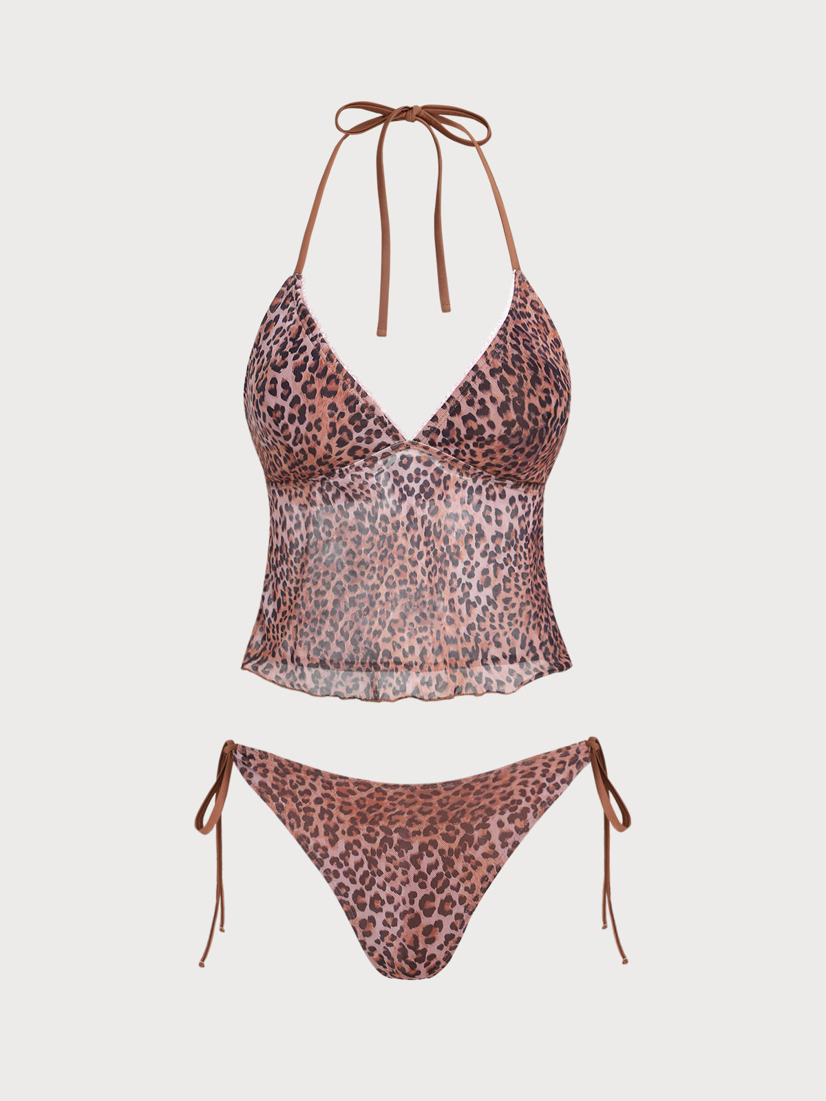 Women's Polyester Knit Leopard Print Mesh Tankini Set Brown Tankinis - SAMIOLSWIM