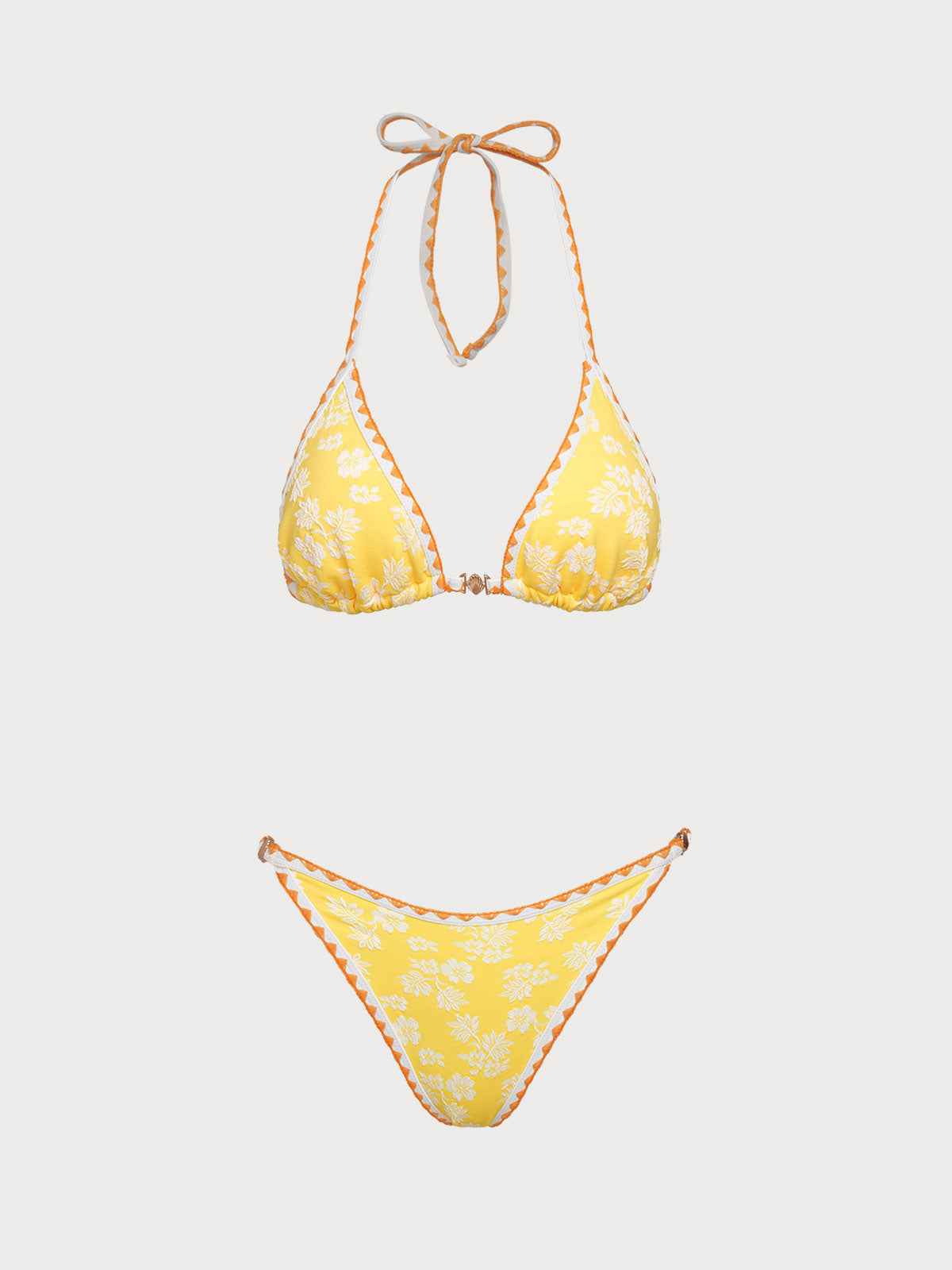 Women's Polyester Knitted Contrast Flower Bud Shell Decorated Bikini Set Yellow Bikinis - SAMIOLSWIM