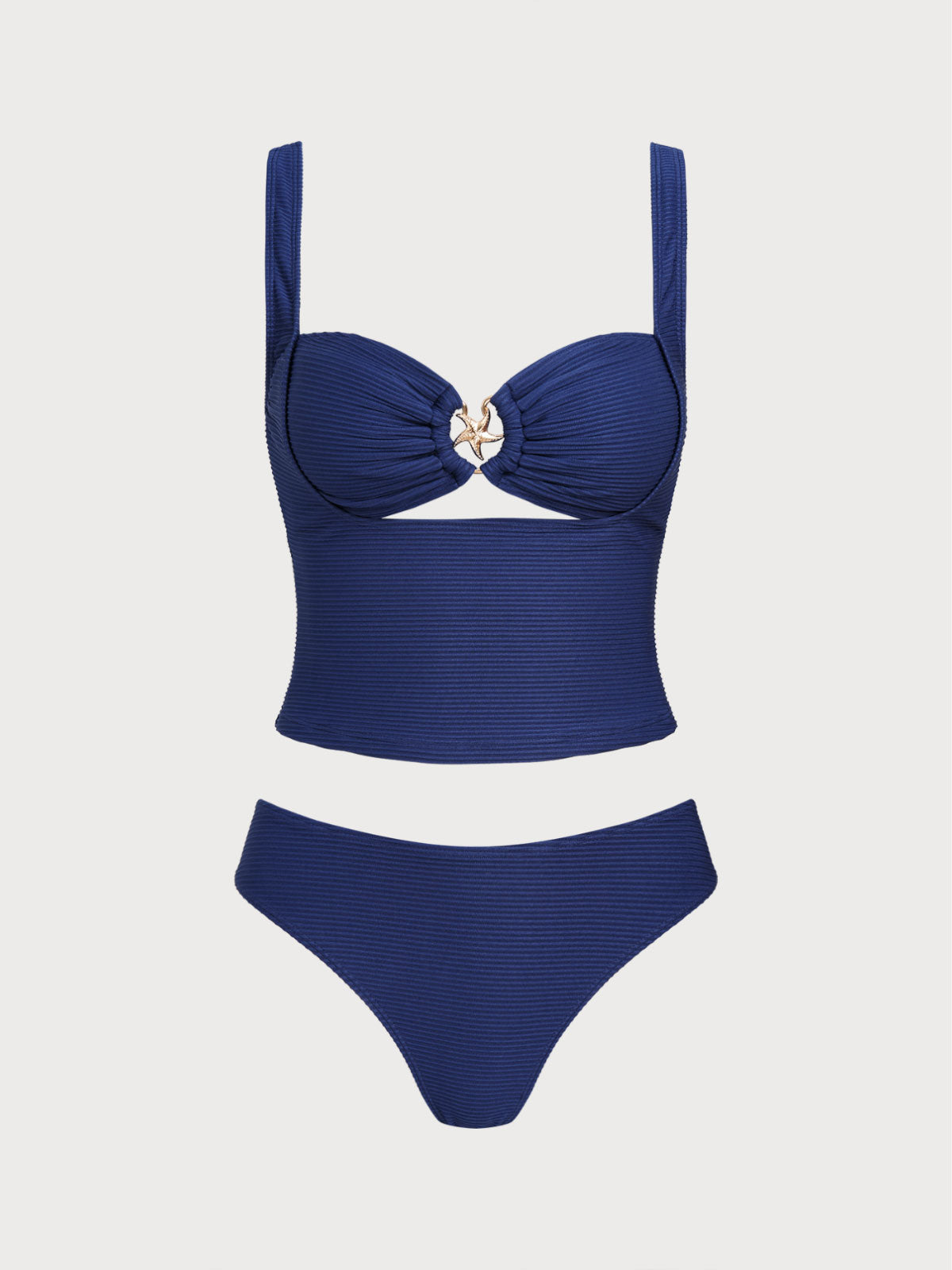 Women's Polyester Knitted Decorative Metallic Thread Tankini Set Blue Tankinis - SAMIOLSWIM