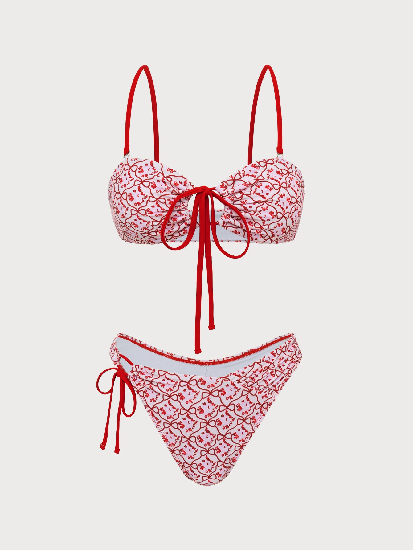 Women's Polyester Knitted Hollow Print Bikini Set Red Bikinis - SAMIOLSWIM