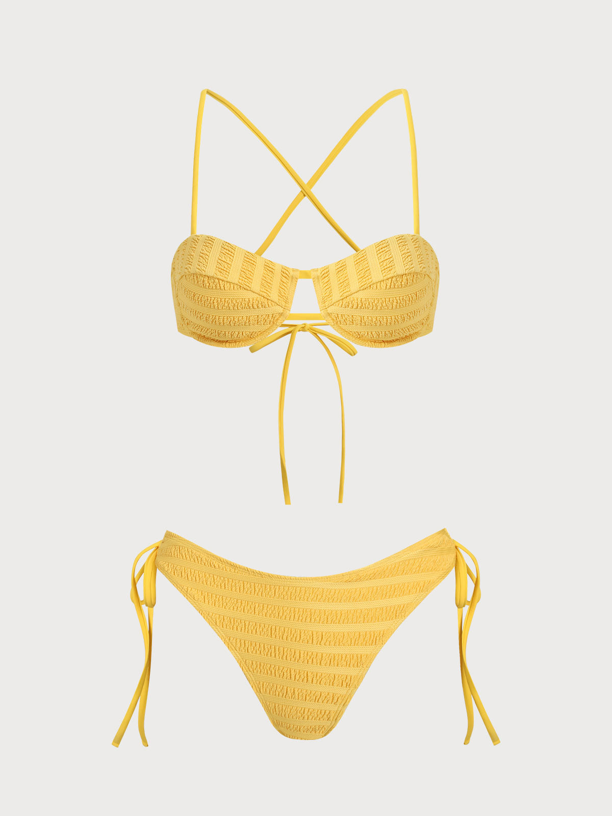 Women's Polyester Knitted Ruched Underwire Bikini Set Yellow Bikinis - SAMIOLSWIM