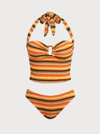 Orange Striped Contrast Tankini Set