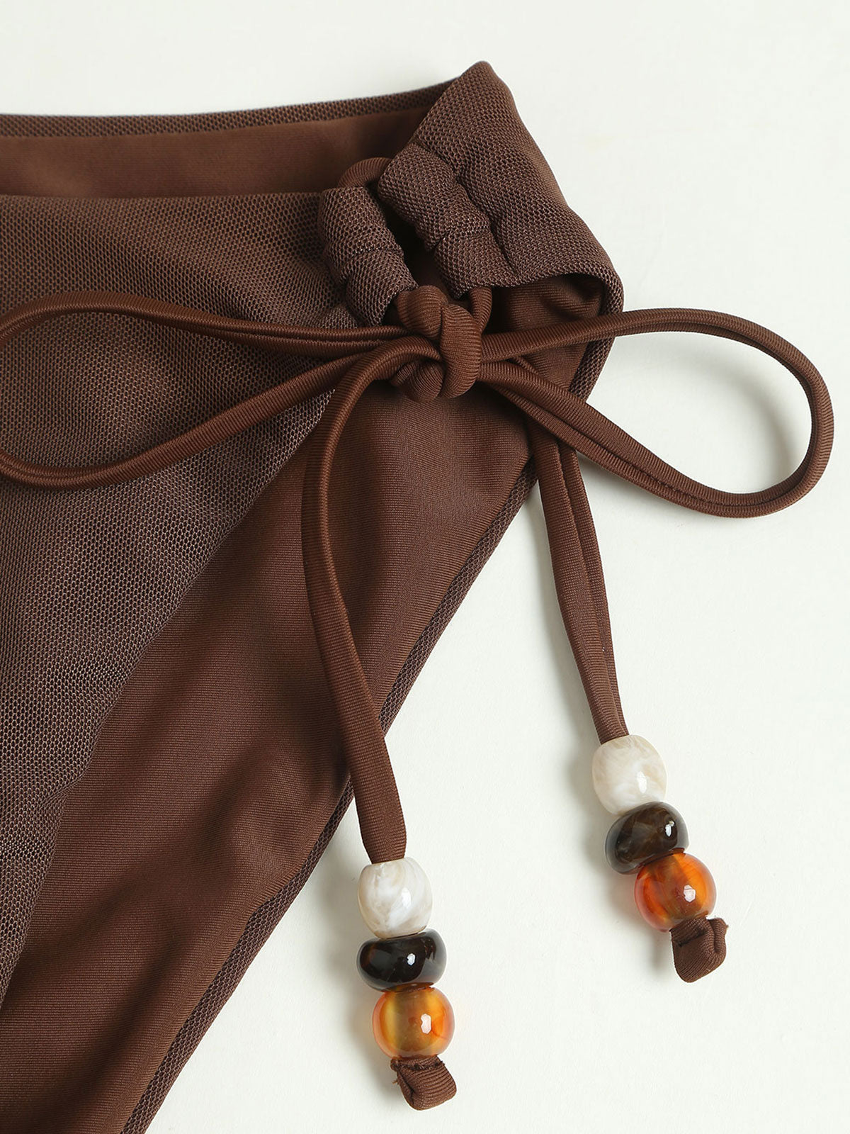 Brown Irregular Hem Contrast Beaded Tankini Set