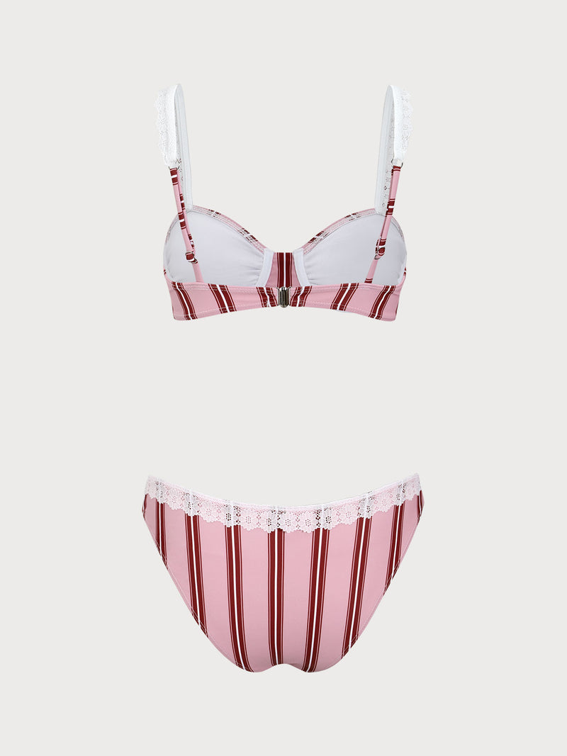 Hot Pink Ribbed Underwired Lace Up Bikini Set