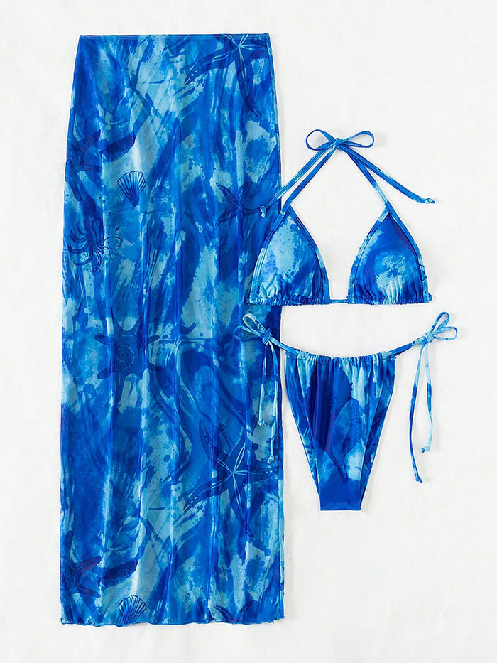 Lonkey Mesh Three Piece Swimsuit Women's Digital Printing Twist Bag Sun Protection Clothing