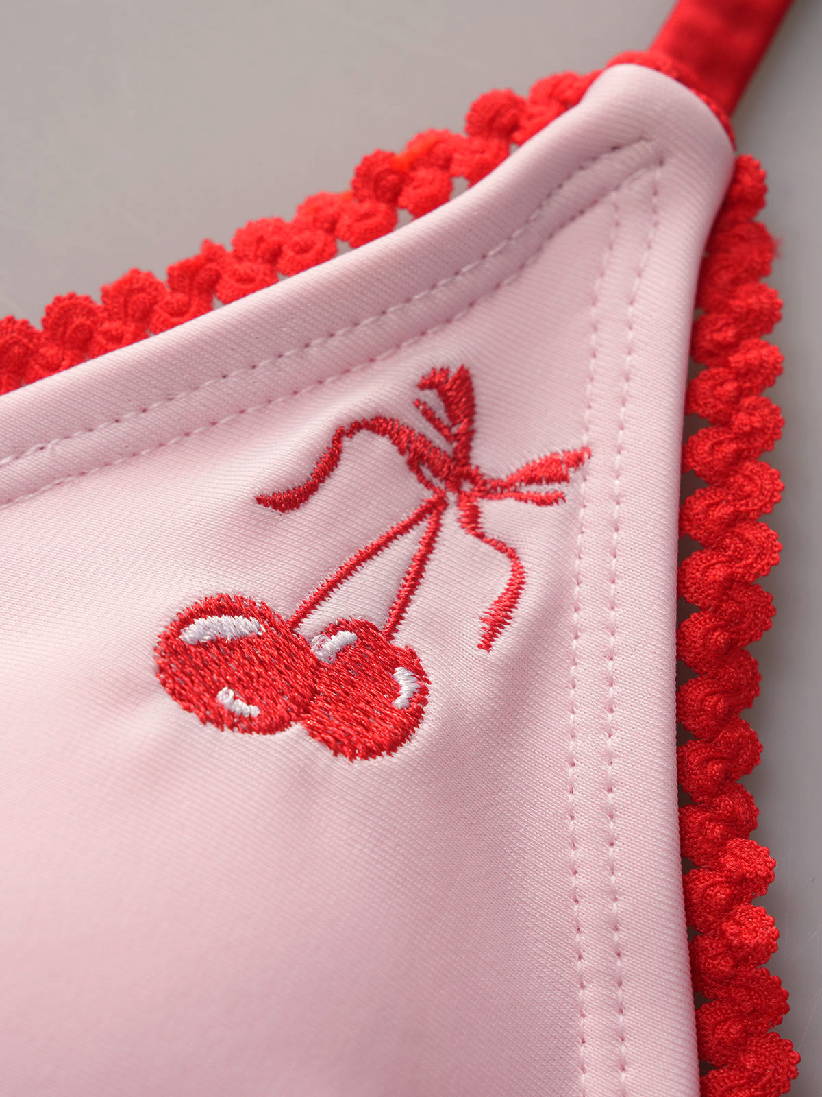 Women'S Nylon Knitted Contrast Color Embroidered Cherry Cute Bikini Set Bikinis - SAMIOLSWIM