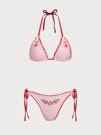 Women'S Nylon Knitted Contrast Color Embroidered Cherry Cute Bikini Set Pink Bikinis - SAMIOLSWIM