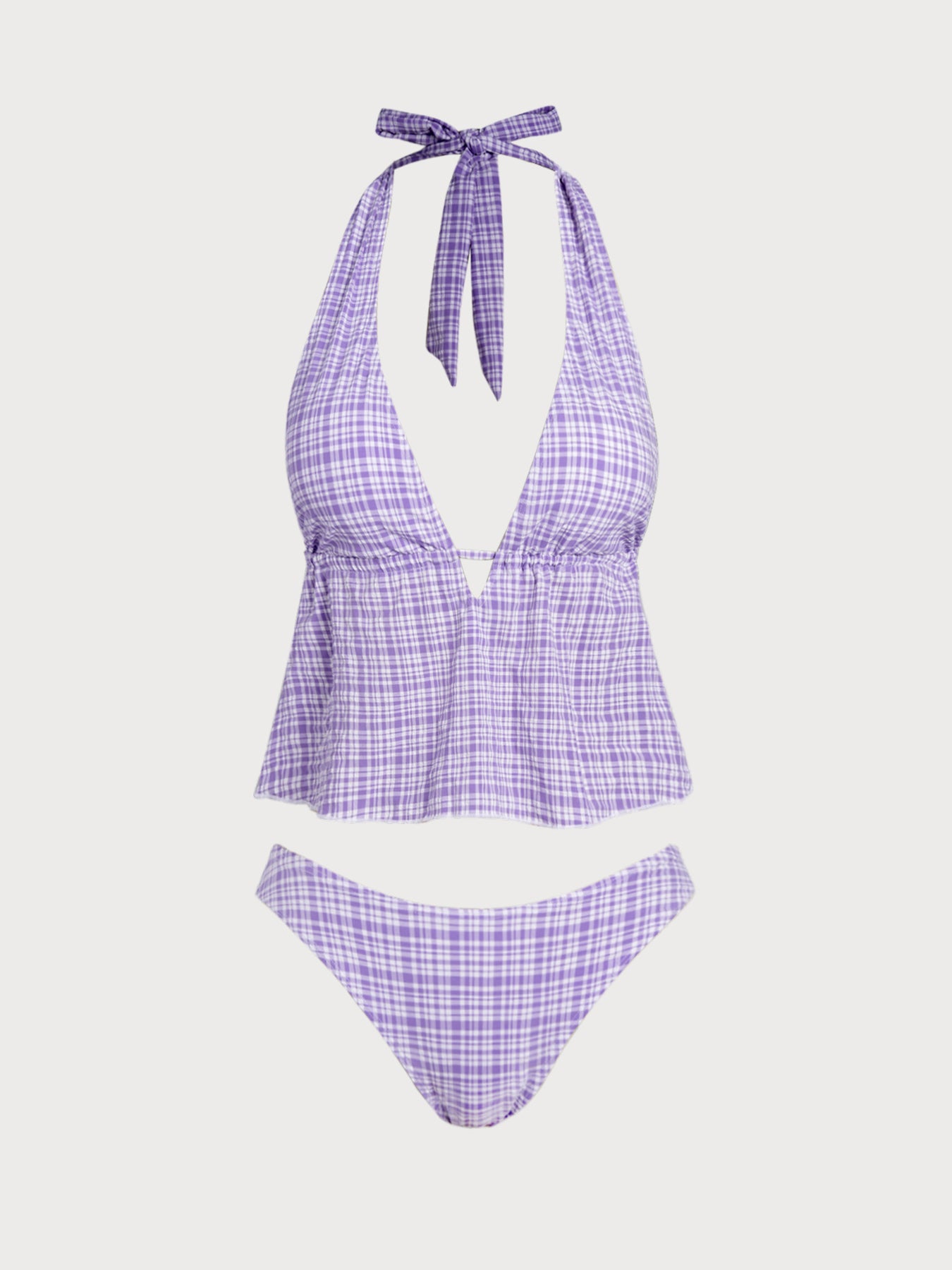 Women'S Nylon Knitted Deep V Plaid Tankini Swimsuit Purple Tankinis - SAMIOLSWIM