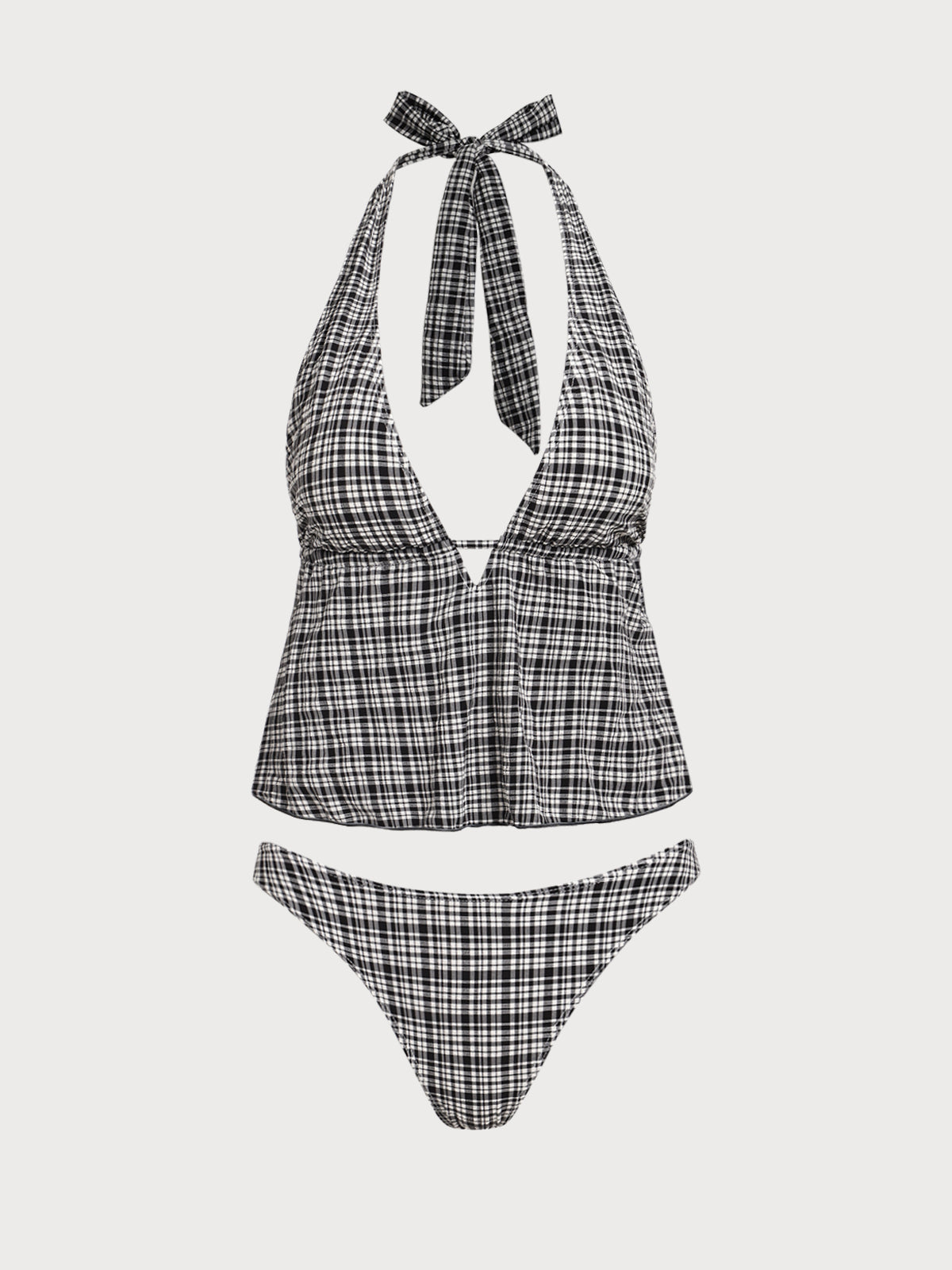 Women'S Nylon Knitted Deep V Plaid Tankini Swimsuit Tankinis - SAMIOLSWIM