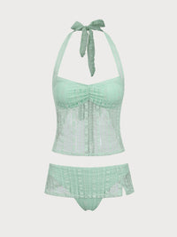 Women'S Nylon Knitted Lace Halter Neck Tankini Swimsuit Tankinis - SAMIOLSWIM