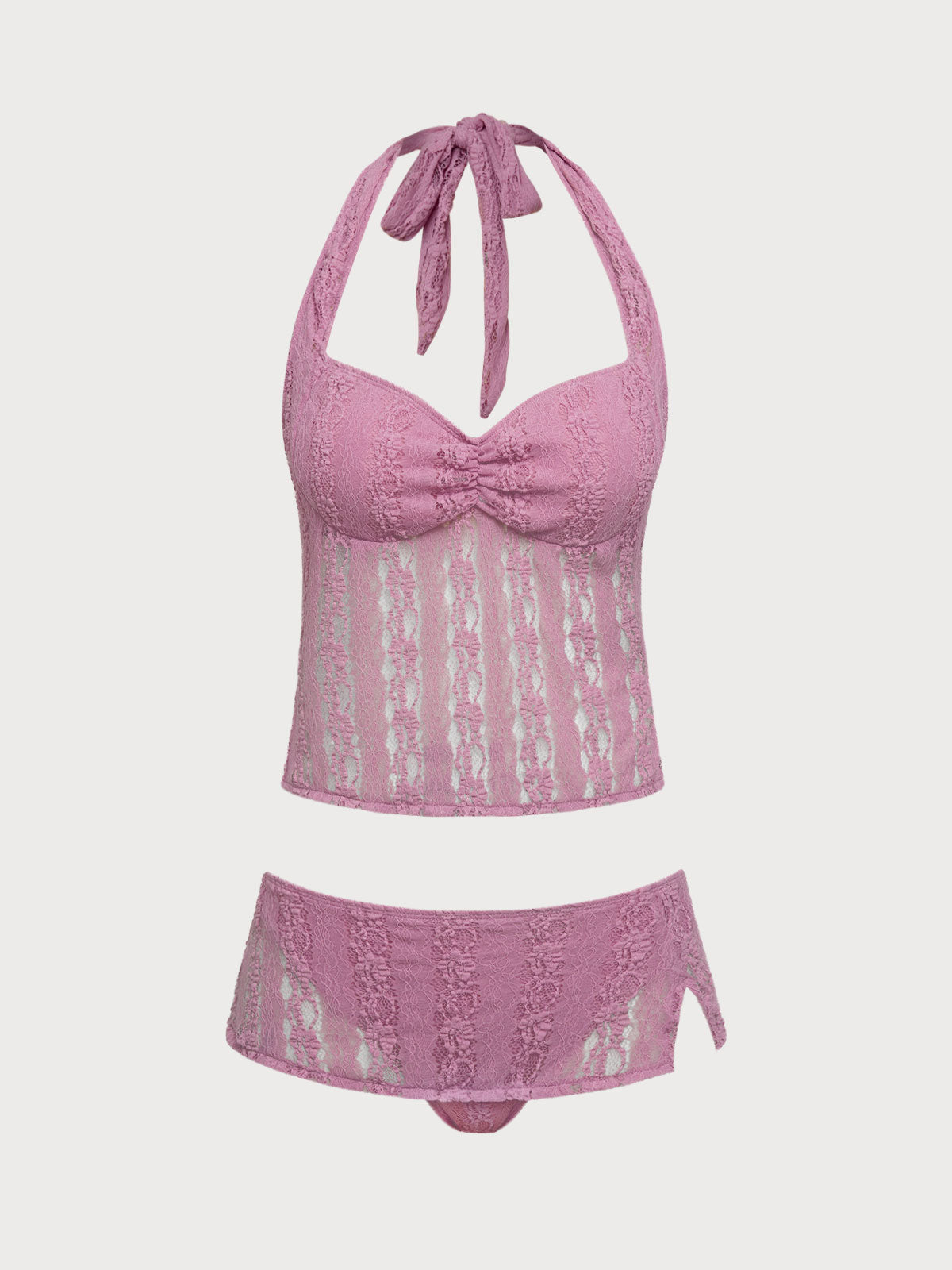 Women'S Nylon Knitted Lace Tankini Set Pink Tankinis - SAMIOLSWIM