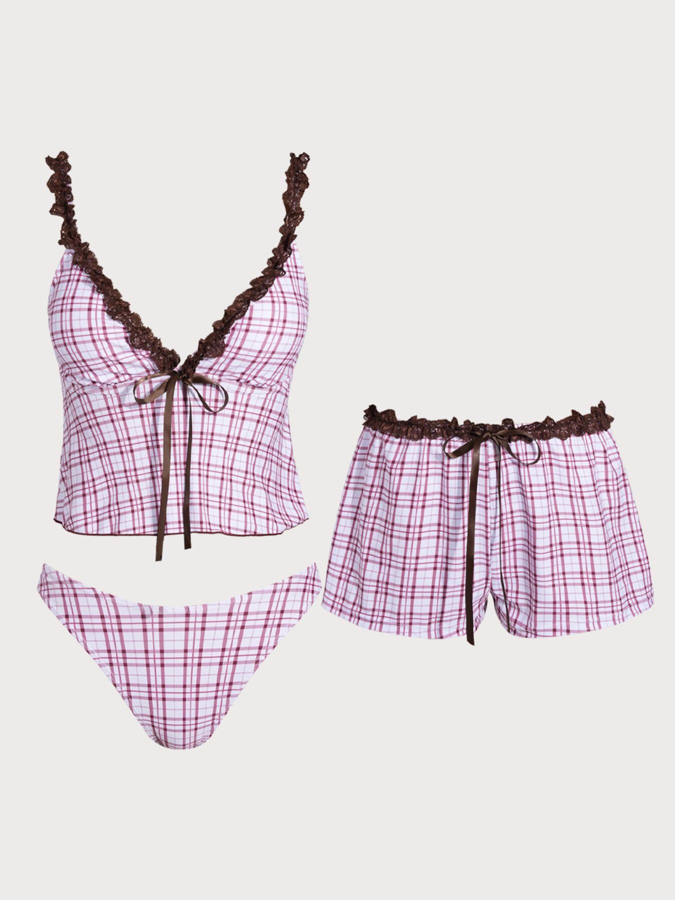 Women'S Polyester Knit Contrast Lace Plaid Print Tankini Three-Piece Swimsuit Dark Red Tankinis - SAMIOLSWIM