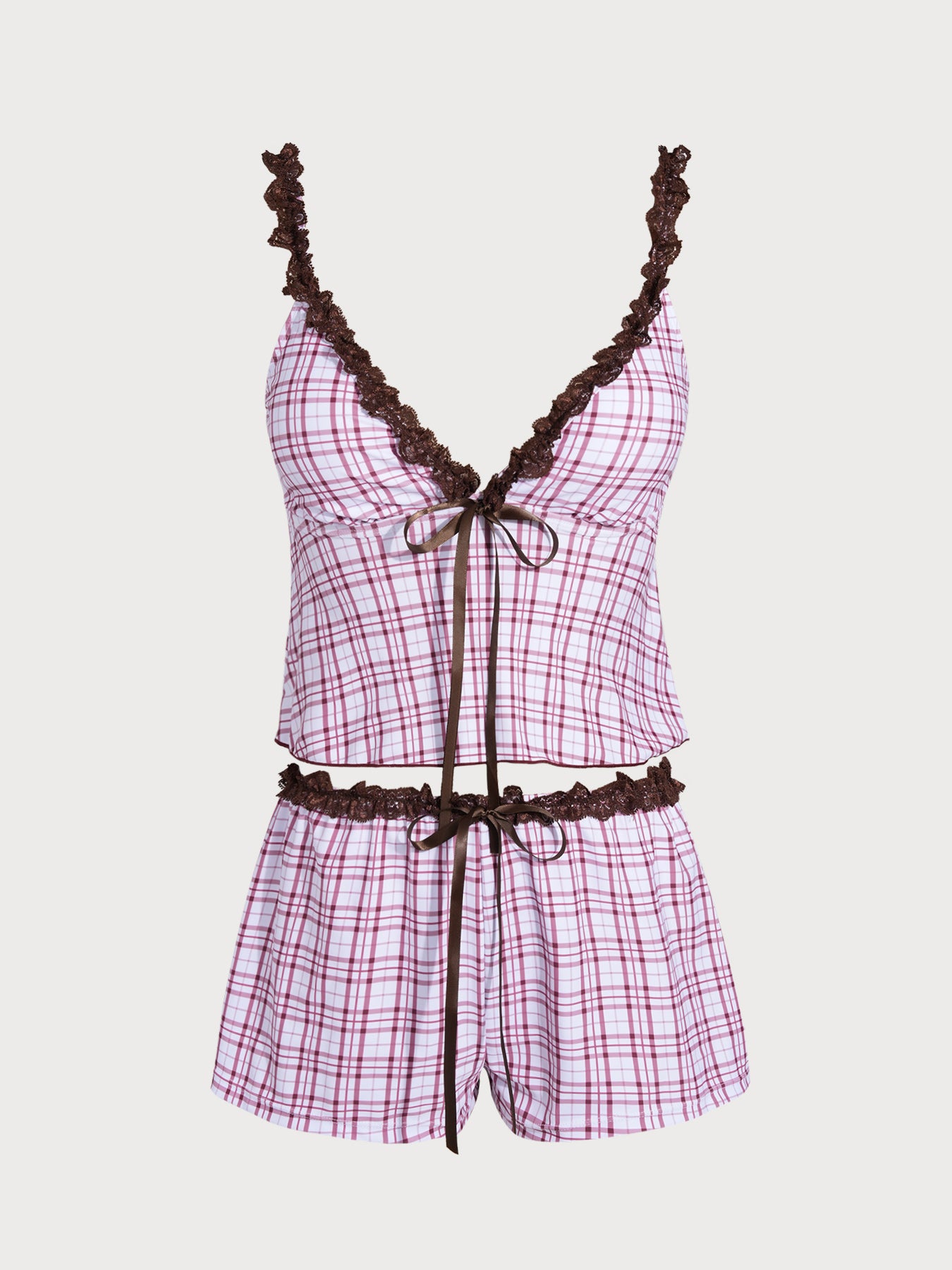 Women'S Polyester Knit Contrast Lace Plaid Print Tankini Three-Piece Swimsuit Tankinis - SAMIOLSWIM