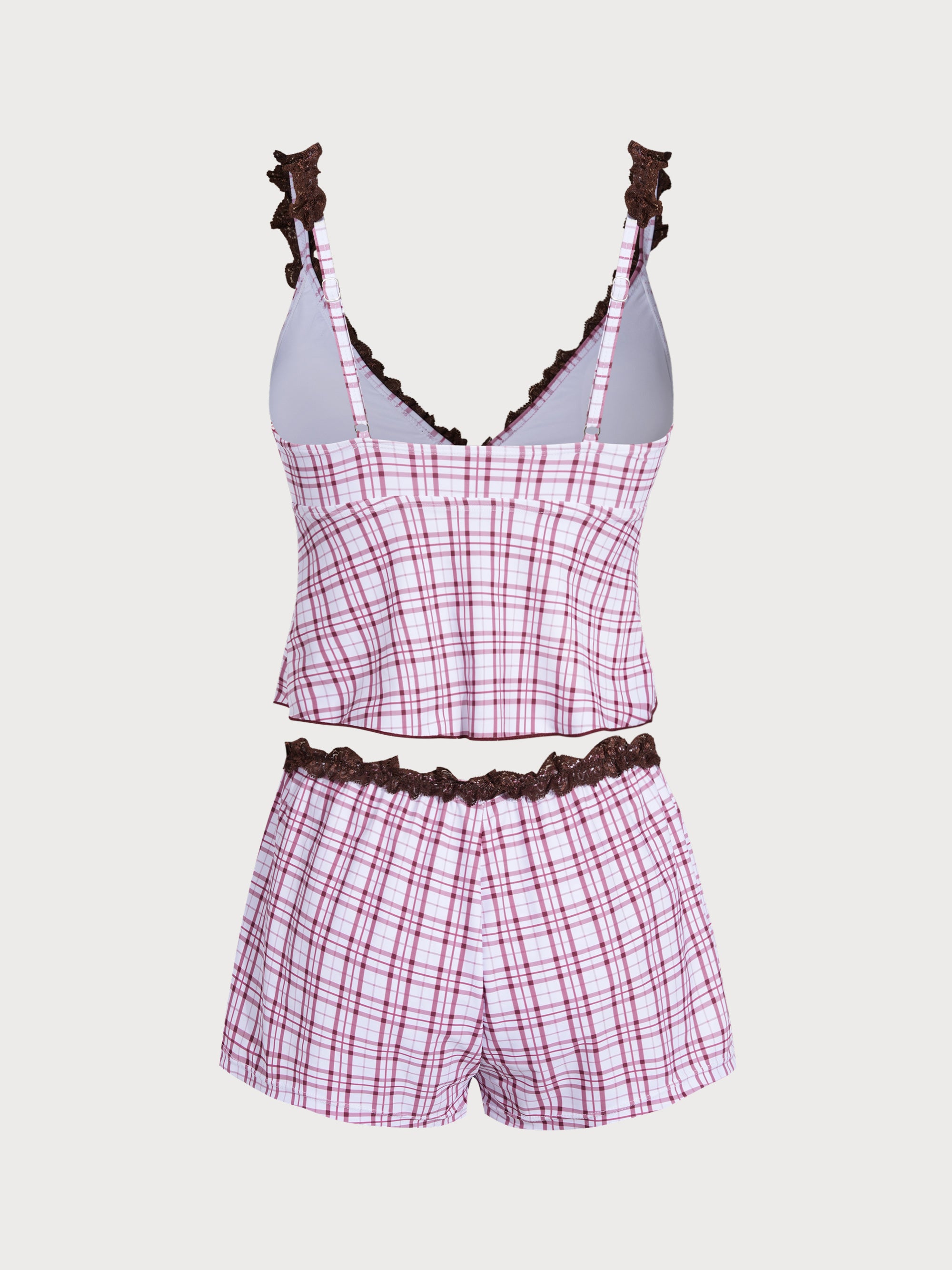 Women'S Polyester Knit Contrast Lace Plaid Print Tankini Three-Piece Swimsuit Tankinis - SAMIOLSWIM