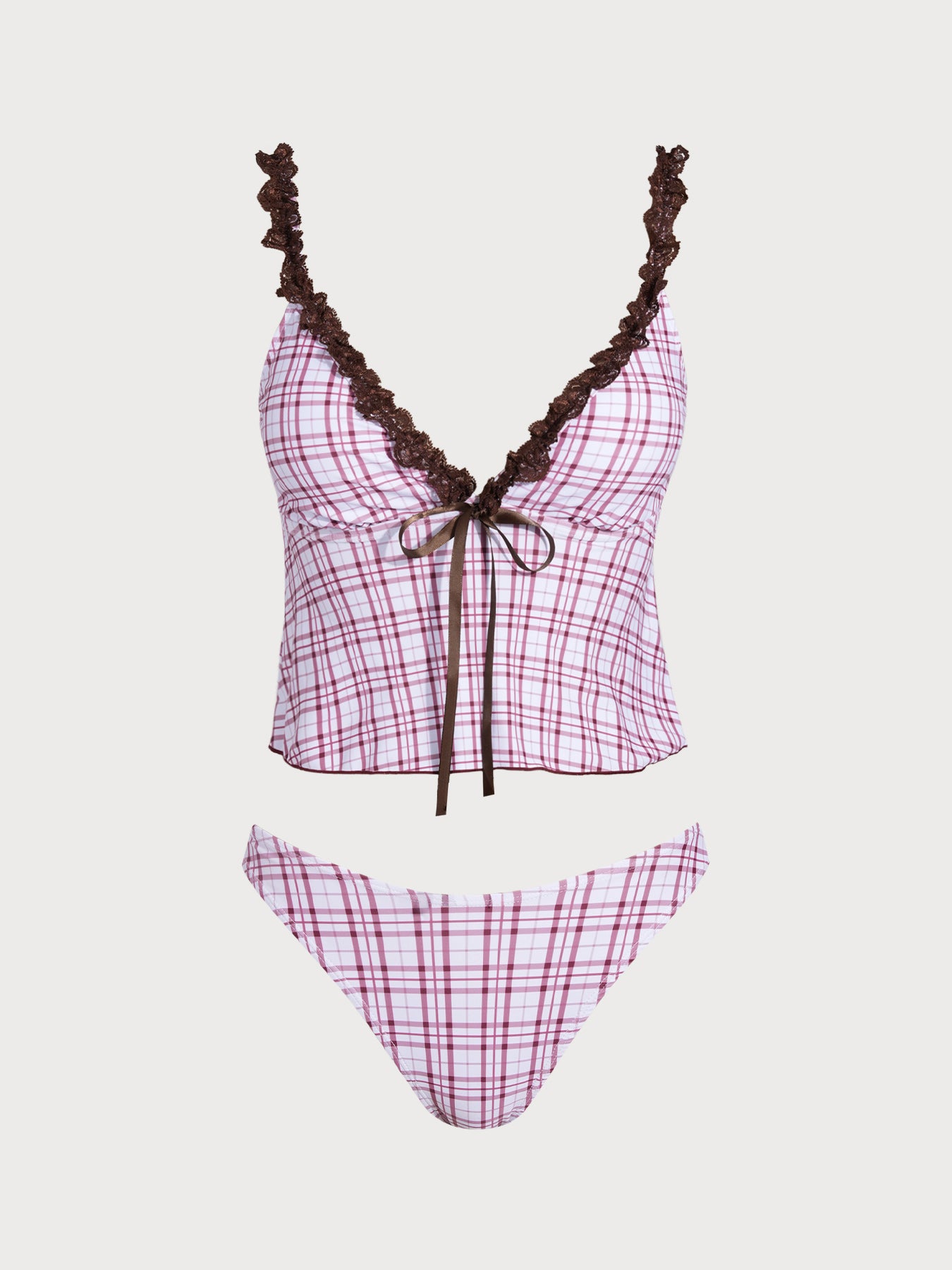 Women'S Polyester Knit Contrast Lace Plaid Print Tankini Three-Piece Swimsuit Tankinis - SAMIOLSWIM