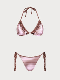 Women'S Polyester Knit Contrast Stripe Bikini Set Pink Bikinis - SAMIOLSWIM