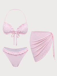 Women'S Polyester Knit Front Tie Ruffle Bikini Set Pink Bikinis - SAMIOLSWIM
