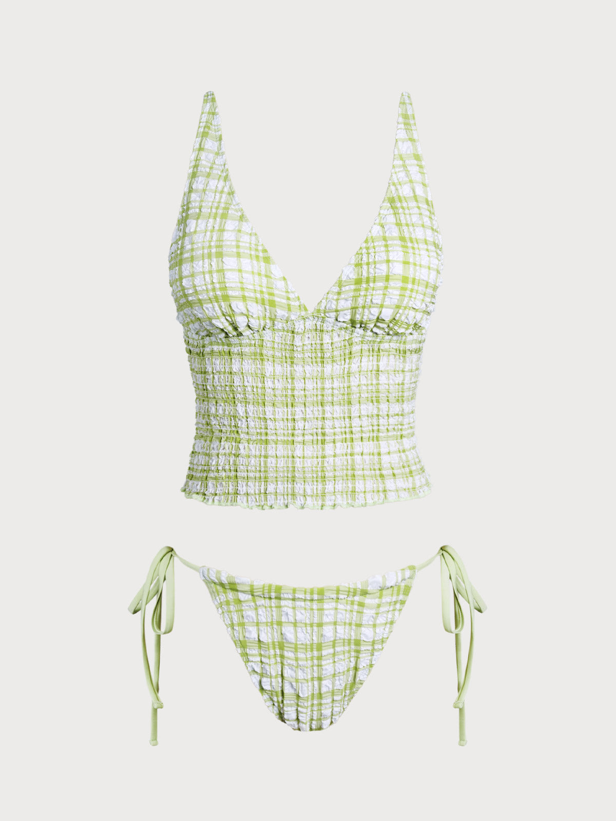 Women'S Polyester Knit Plaid Ruched Tankini Swimsuit Green Tankinis - SAMIOLSWIM