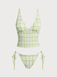 Women'S Polyester Knit Plaid Ruched Tankini Swimsuit Green Tankinis - SAMIOLSWIM