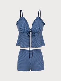 Women'S Polyester Knit Plaid Ruffle Tankini Swimsuit Blue Tankinis - SAMIOLSWIM