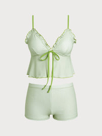 Women'S Polyester Knit Plaid Ruffle Tankini Swimsuit Green Tankinis - SAMIOLSWIM