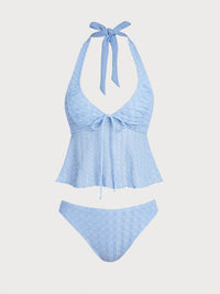 Women'S Polyester Knit Ruched V-Neck Tankini Swimsuit Blue Tankinis - SAMIOLSWIM