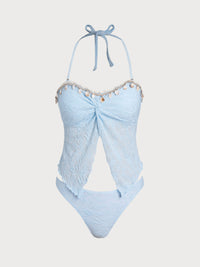 Women'S Polyester Knit Twisted Shell Trim Tankini Set Light Blue Tankinis - SAMIOLSWIM