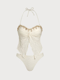 Women'S Polyester Knit Twisted Shell Trim Tankini Set Off White Tankinis - SAMIOLSWIM