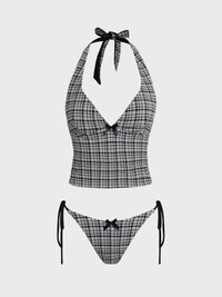 Women'S Polyester Knitted Plaid Tankini Swimsuit Black Tankinis - SAMIOLSWIM