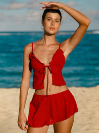 Women'S Polyester Knitted Ruffle Front Tie Tankini Three-Piece Swimsuit Tankinis - SAMIOLSWIM